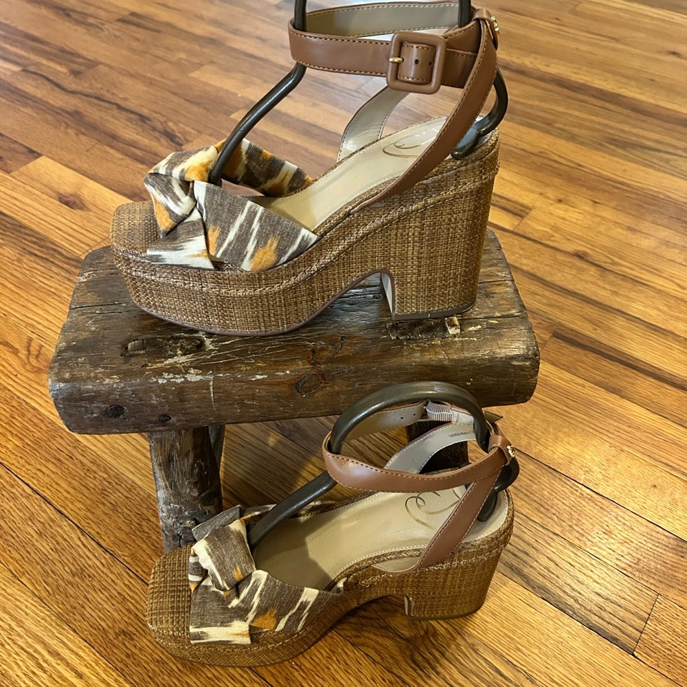 Sam Edelman Brown Woven Platform Sandals with Patterned Fabric Toe